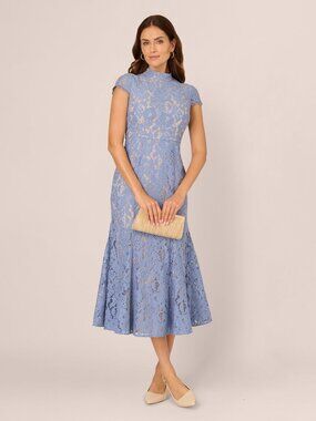Adrianna Papell Cap Sleeve Lace Midi Dress In French Blue Nude Size 10